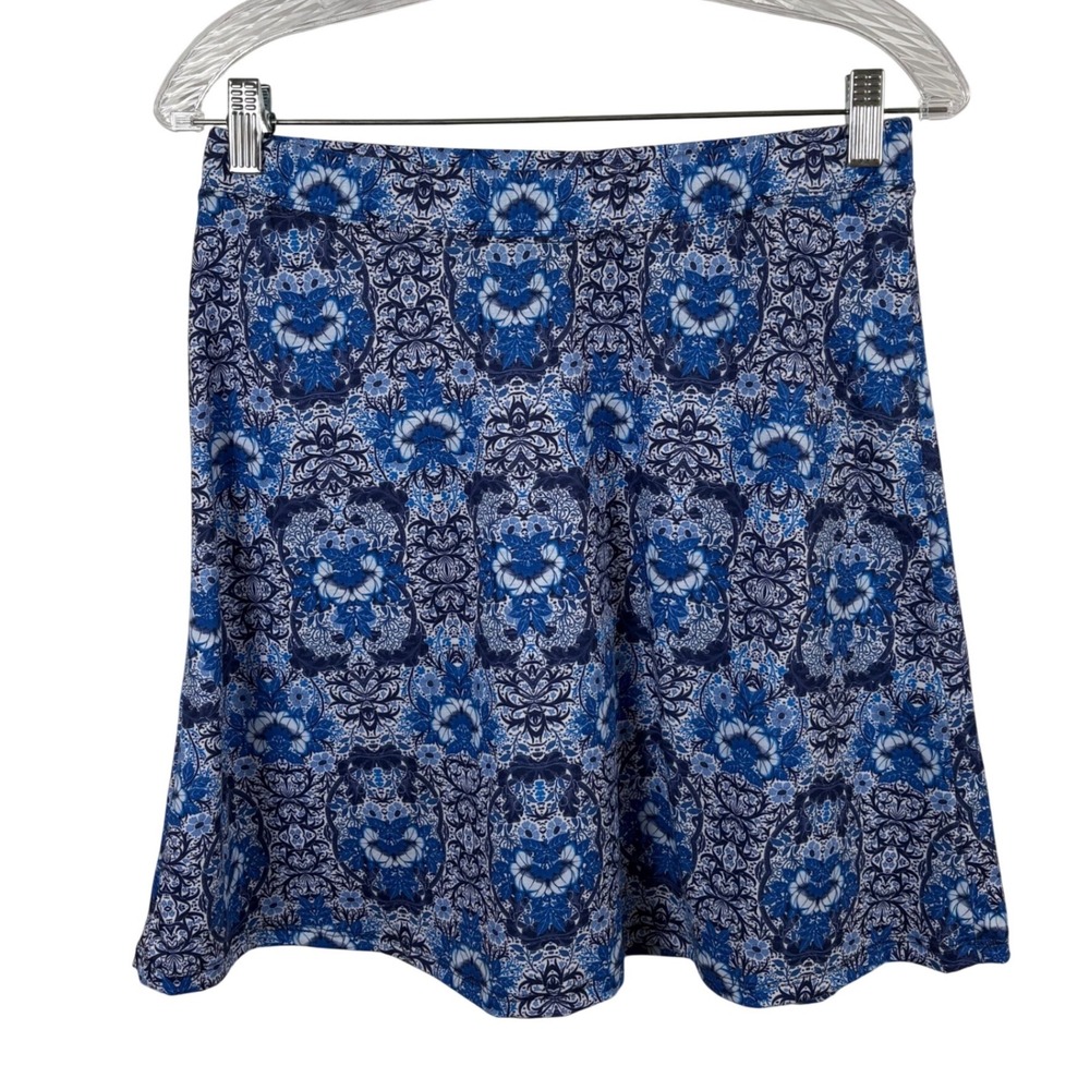 Ojai Skirt Size M‎ Blue Damask Floral A-Line Mini Stretch Boho Coastal Travel
